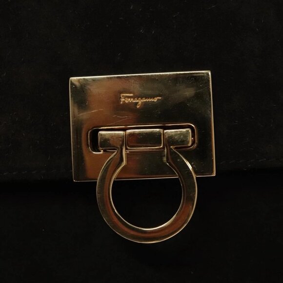 Salvatore Ferragamo Gancini Hand Bag Suede 2way Black Gold Auth BA2414 - Picture 10 of 16